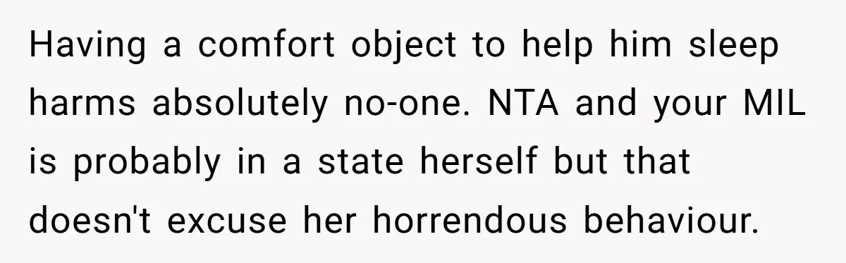 Having a comfort object to help him sleep harms absolutely no-one. NTA and your MIL is probably in a state herself but that doesn't excuse her horrendous behaviour.