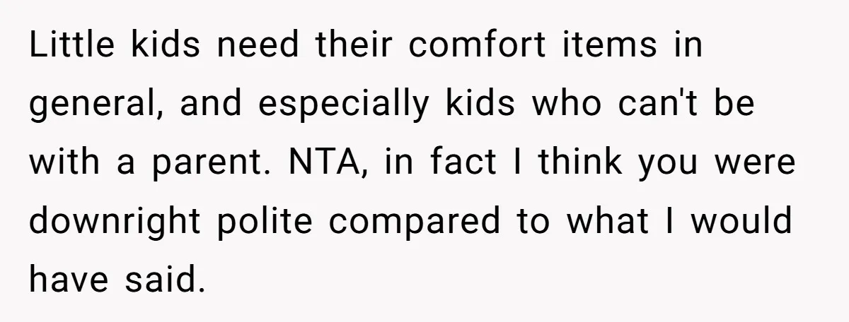 Little kids need their comfort items in general, and especially kids who can't be with a parent. NTA, in fact I think you were downright polite compared to what I...