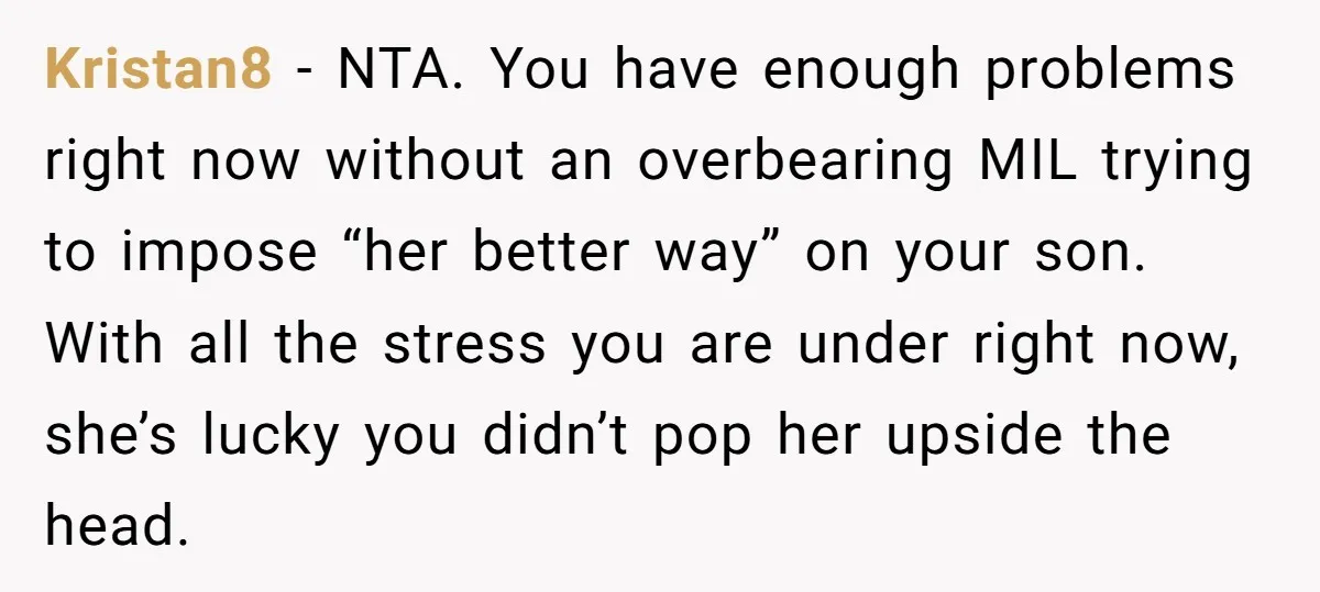 Kristan8 − NTA. You have enough problems right now without an overbearing MIL trying to impose “her better way” on your son. With all the stress you are under right...