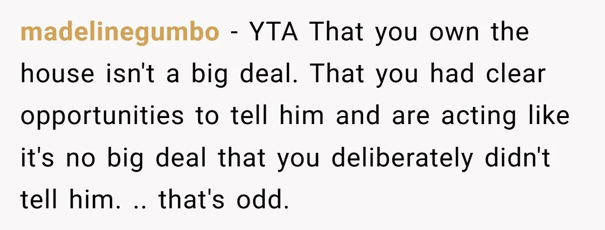 madelinegumbo - YTA That you own the house isn't a big deal. That you had clear opportunities to tell him and are acting like it's no big deal that you...