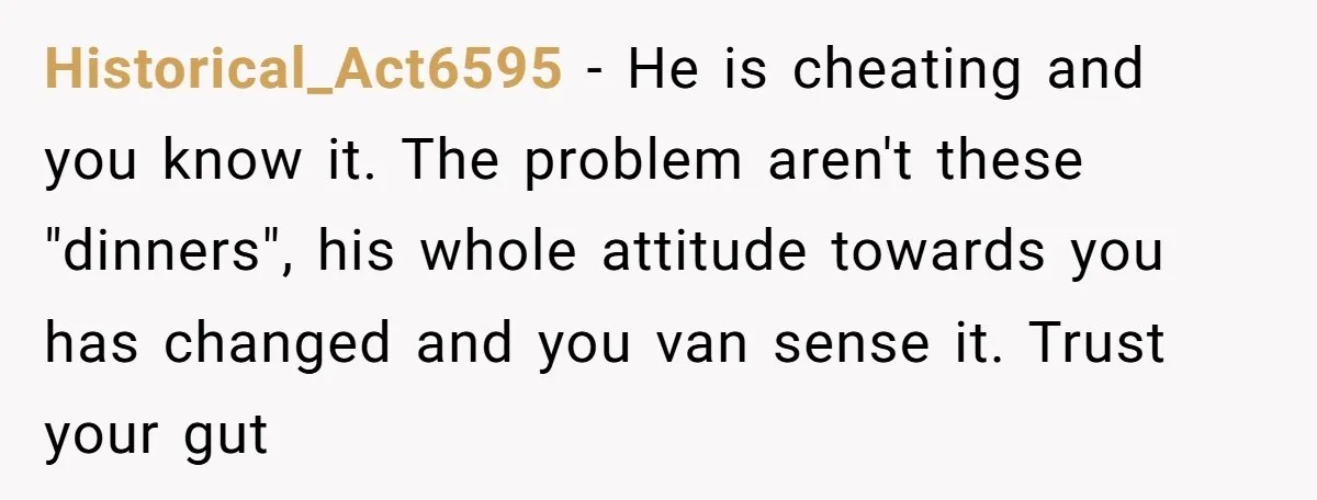 Historical_Act6595 - He is cheating and you know it. The problem aren't these "dinners", his whole attitude towards you has changed and you van sense it. Trust your gut