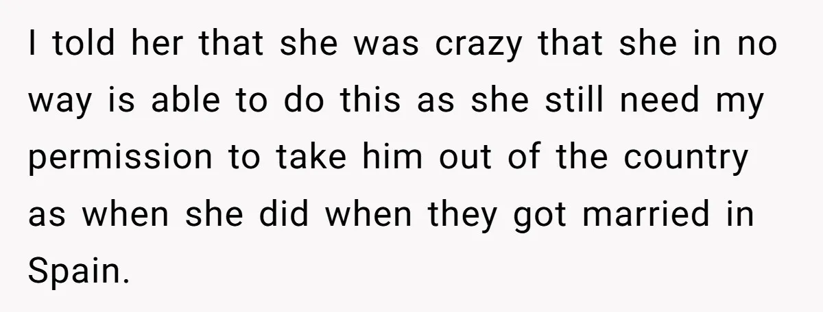 I told her that she was crazy that she in no way is able to do this as she still need my permission to take him out of the country...