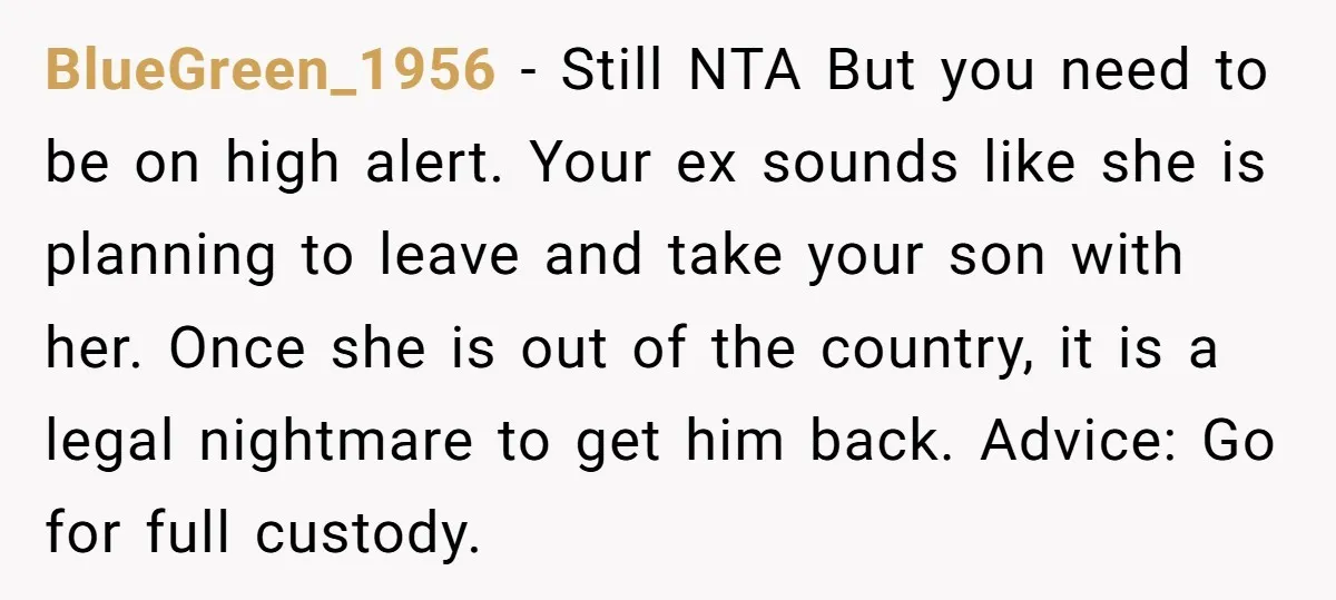 BlueGreen_1956 − Still NTA But you need to be on high alert. Your ex sounds like she is planning to leave and take your son with her. Once she is...