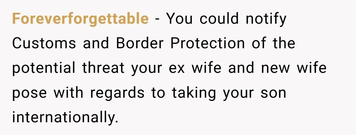 Foreverforgettable − You could notify Customs and Border Protection of the potential threat your ex wife and new wife pose with regards to taking your son internationally.
