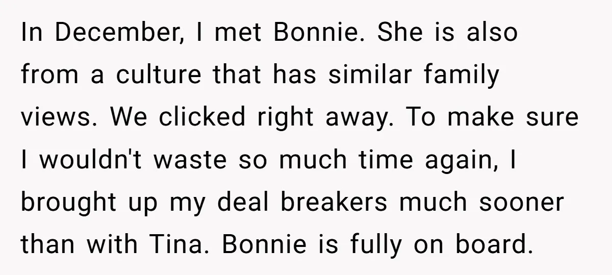 In December, I met Bonnie. She is also from a culture that has similar family views. We clicked right away. To make sure I wouldn't waste so much time again,...