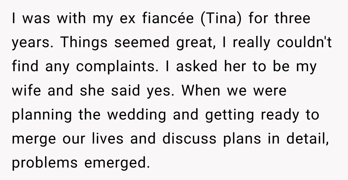 I was with my ex fiancée (Tina) for three years. Things seemed great, I really couldn't find any complaints. I asked her to be my wife and she said yes....