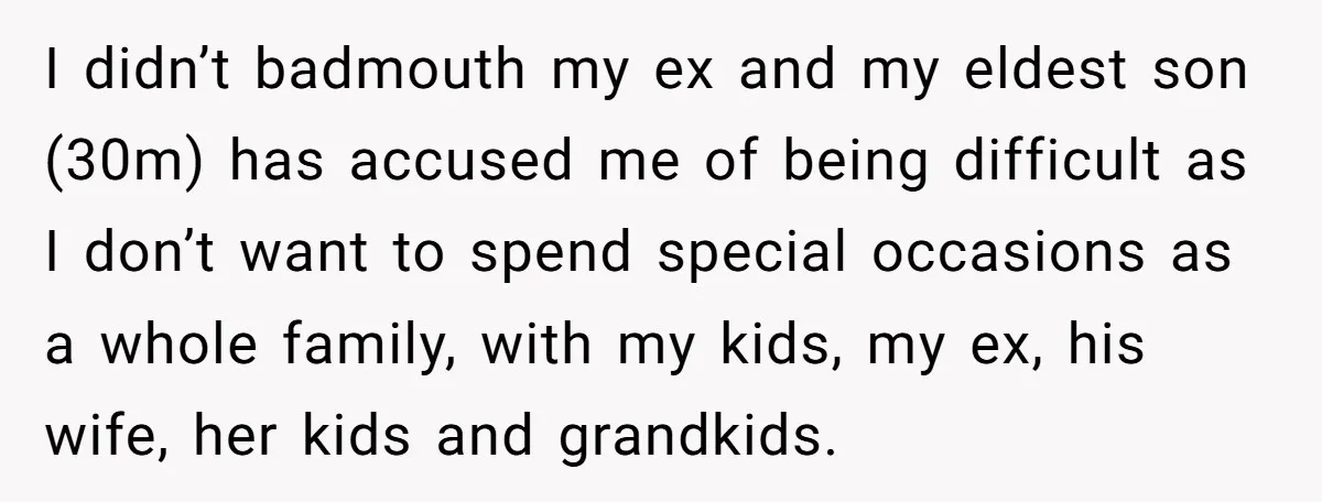 I didn’t badmouth my ex and my eldest son (30m) has accused me of being difficult as I don’t want to spend special occasions as a whole family, with my...