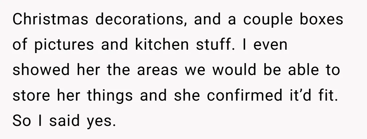Christmas decorations, and a couple boxes of pictures and kitchen stuff. I even showed her the areas we would be able to store her things and she confirmed it’d fit....
