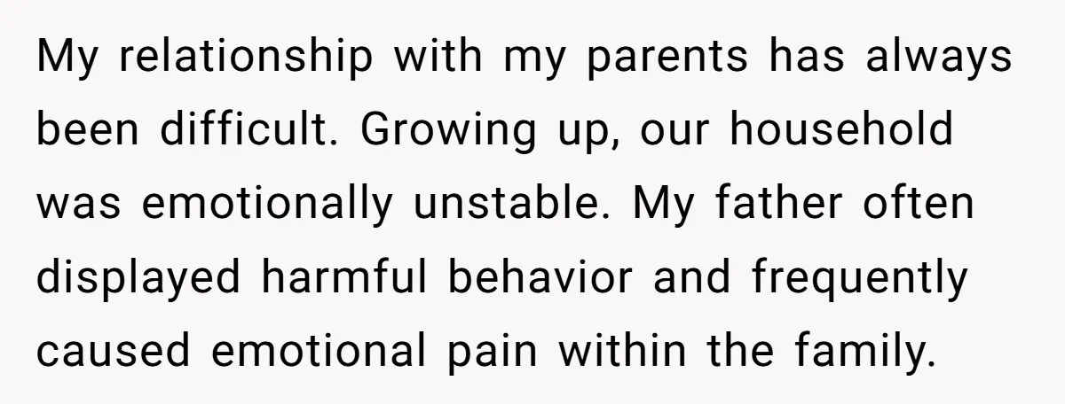 My relationship with my parents has always been difficult. Growing up, our household was emotionally unstable. My father often displayed harmful behavior and frequently caused emotional pain within the family.