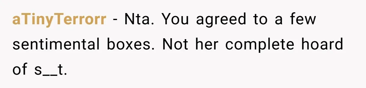 aTinyTerrorr − Nta. You agreed to a few sentimental boxes. Not her complete hoard of s__t.
