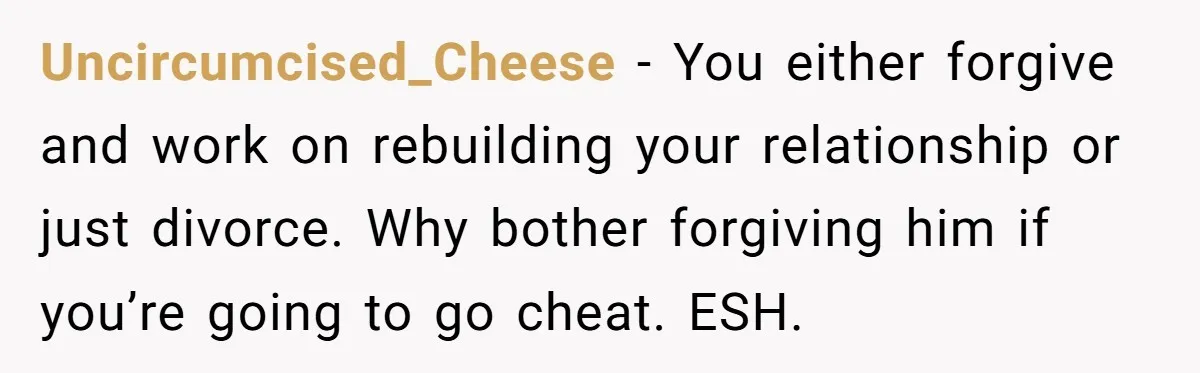 Uncircumcised_Cheese − You either forgive and work on rebuilding your relationship or just divorce. Why bother forgiving him if you’re going to go cheat. ESH.