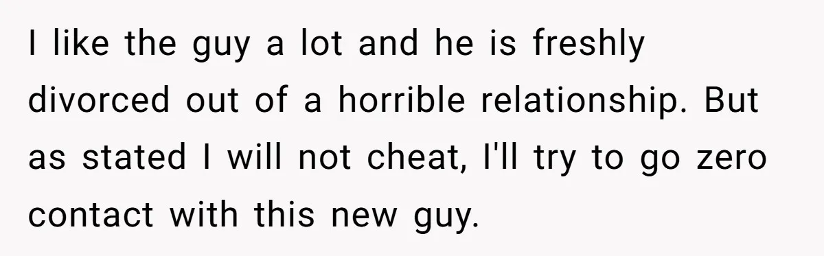 I like the guy a lot and he is freshly divorced out of a horrible relationship. But as stated I will not cheat, I'll try to go zero contact with...