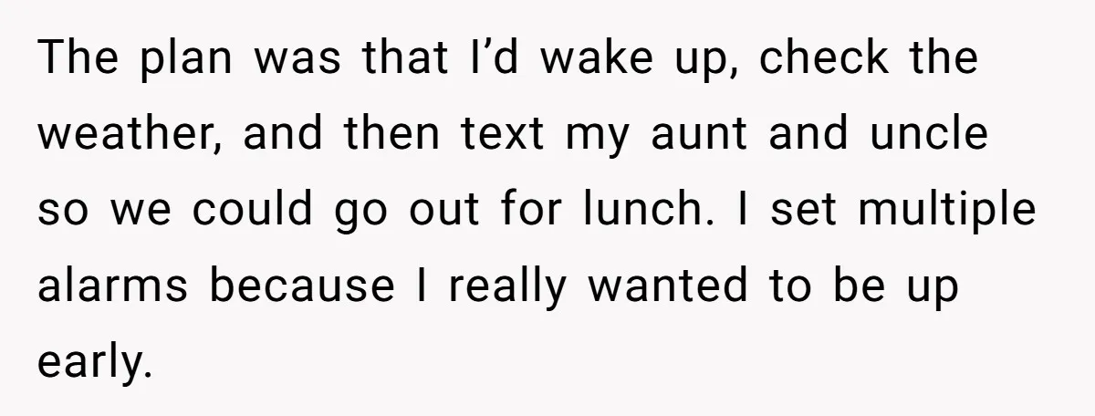 The plan was that I’d wake up, check the weather, and then text my aunt and uncle so we could go out for lunch. I set multiple alarms because I...