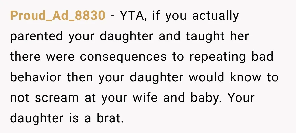 Proud_Ad_8830 - YTA, if you actually parented your daughter and taught her there were consequences to repeating bad behavior then your daughter would know to not scream at your wife...