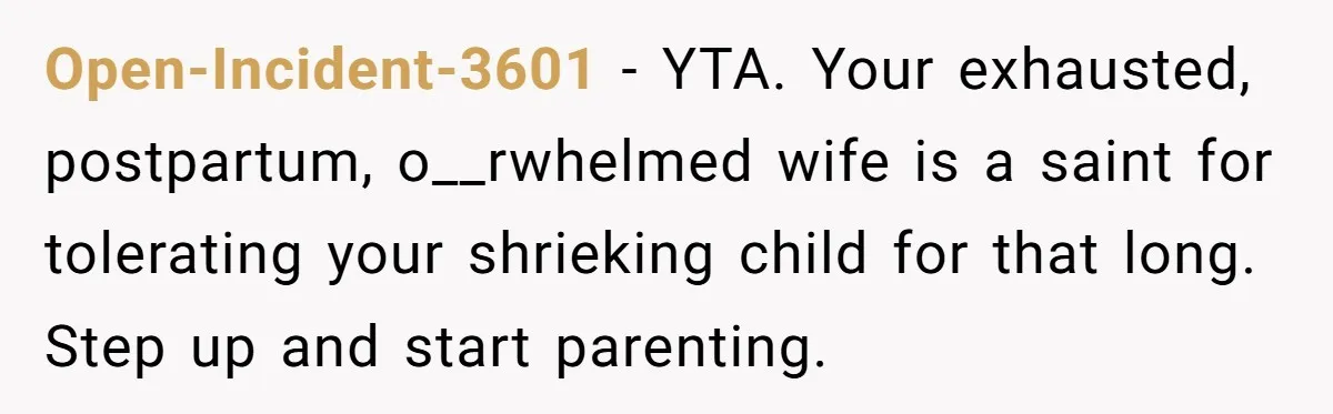 Open-Incident-3601 - YTA. Your exhausted, postpartum, o__rwhelmed wife is a saint for tolerating your shrieking child for that long. Step up and start parenting.