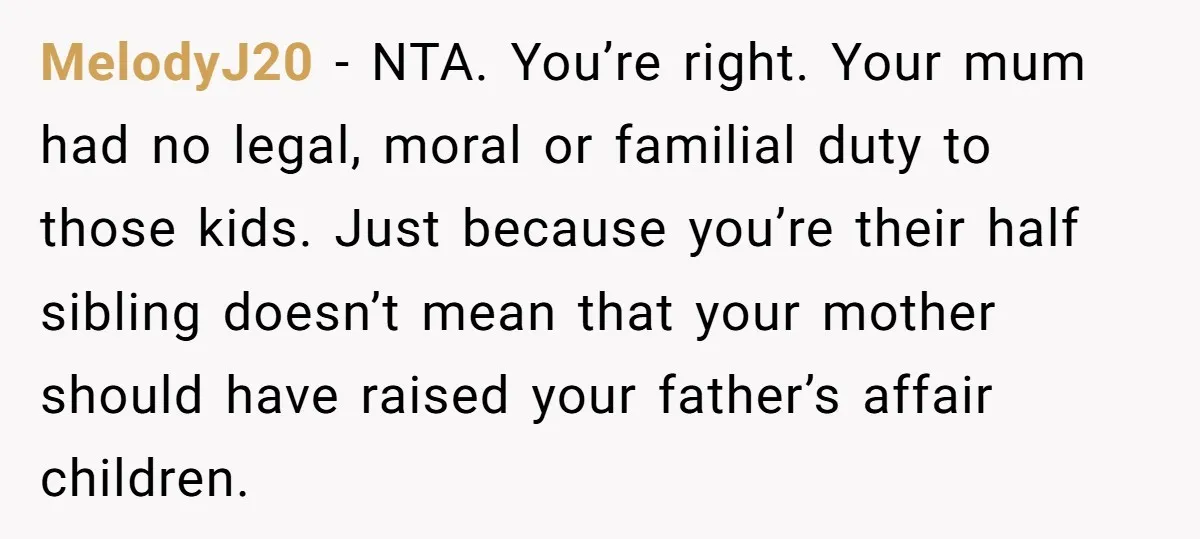 MelodyJ20 − NTA. You’re right. Your mum had no legal, moral or familial duty to those kids. Just because you’re their half sibling doesn’t mean that your mother should have...