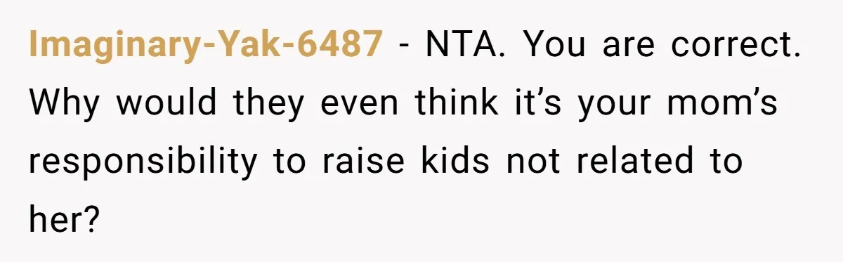 Imaginary-Yak-6487 − NTA. You are correct. Why would they even think it’s your mom’s responsibility to raise kids not related to her?