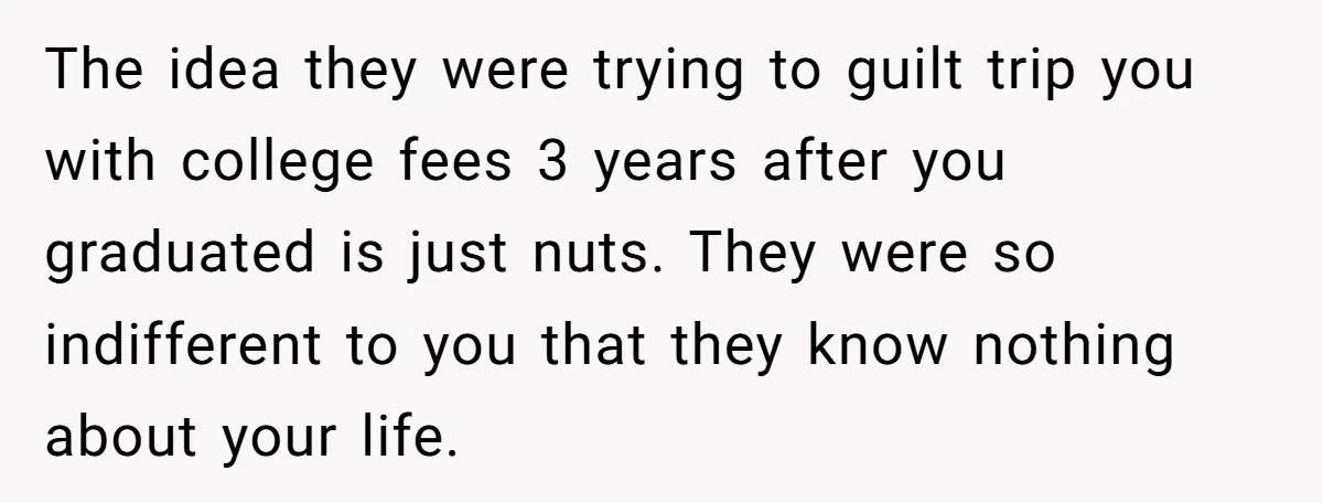 The idea they were trying to guilt trip you with college fees 3 years after you graduated is just nuts. They were so indifferent to you that they know nothing...