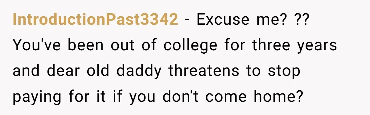 IntroductionPast3342 − Excuse me? ?? You've been out of college for three years and dear old daddy threatens to stop paying for it if you don't come home?