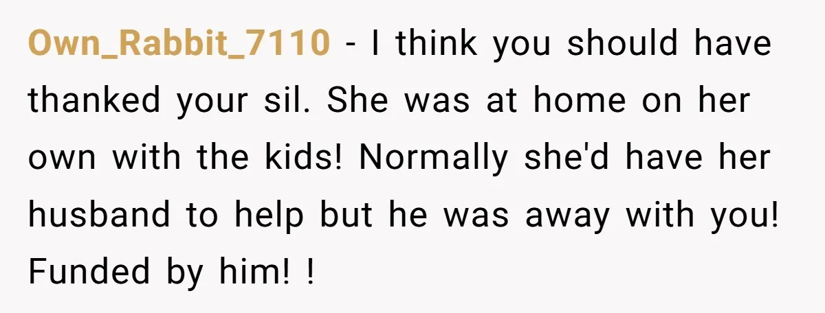 Own_Rabbit_7110 − I think you should have thanked your sil. She was at home on her own with the kids! Normally she'd have her husband to help but he was...