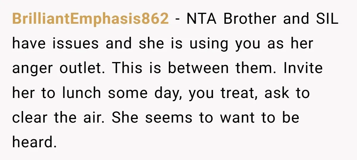 BrilliantEmphasis862 − NTA Brother and SIL have issues and she is using you as her anger outlet. This is between them. Invite her to lunch some day, you treat, ask...
