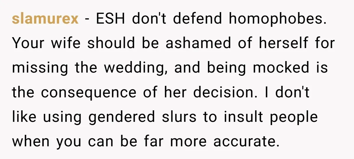 slamurex - ESH don't defend homophobes. Your wife should be ashamed of herself for missing the wedding, and being mocked is the consequence of her decision. I don't like using...