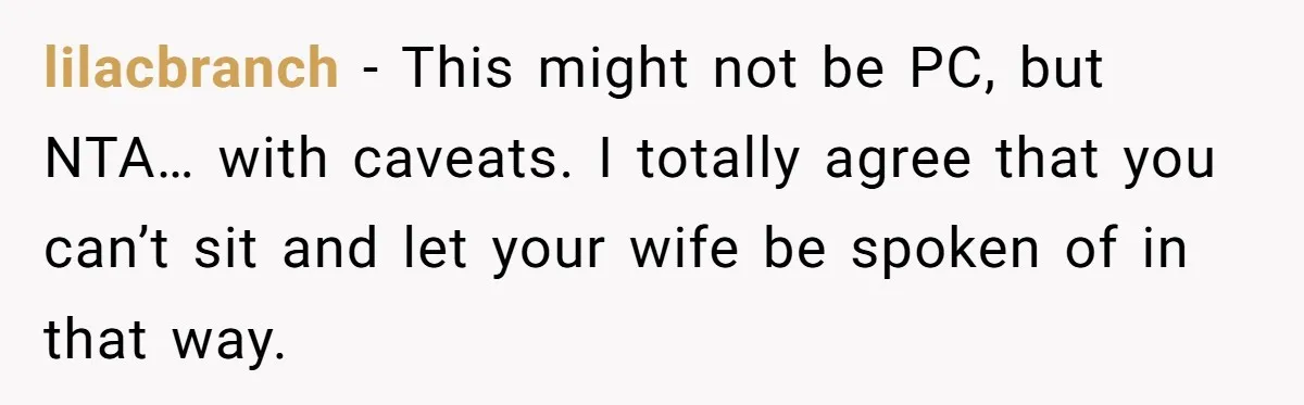 lilacbranch - This might not be PC, but NTA… with caveats. I totally agree that you can’t sit and let your wife be spoken of in that way.