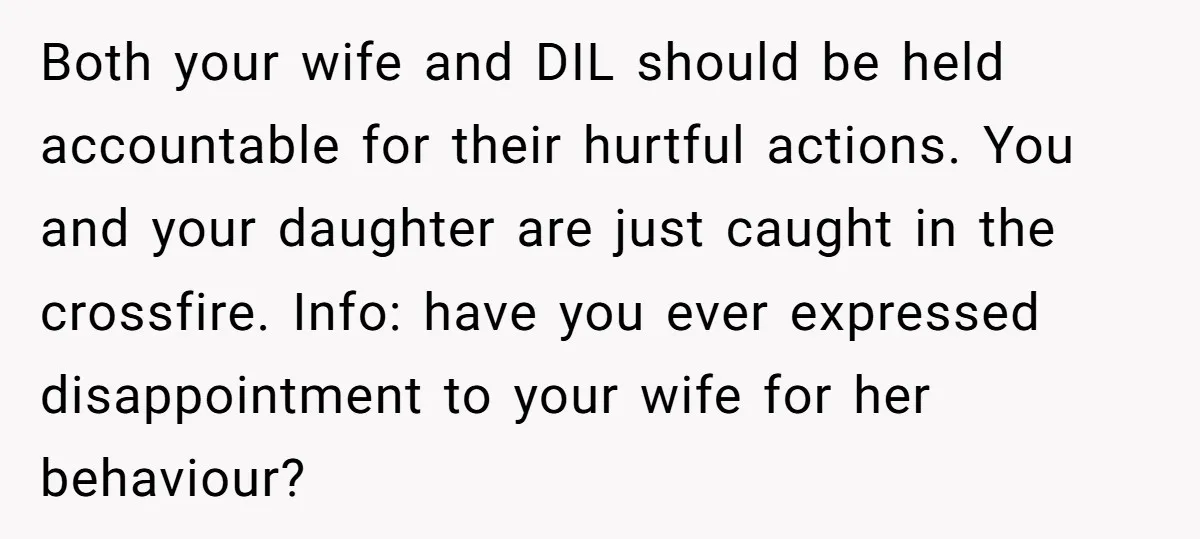 Both your wife and DIL should be held accountable for their hurtful actions. You and your daughter are just caught in the crossfire. Info: have you ever expressed disappointment to...