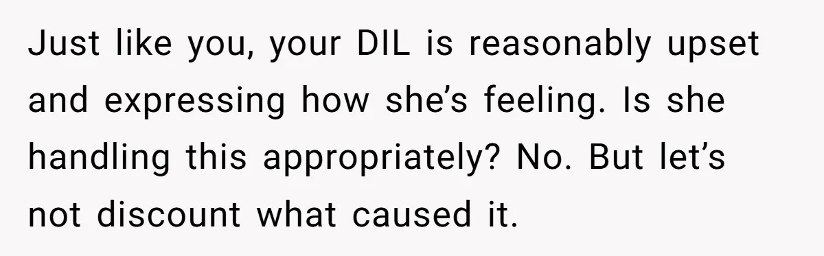Just like you, your DIL is reasonably upset and expressing how she’s feeling. Is she handling this appropriately? No. But let’s not discount what caused it.