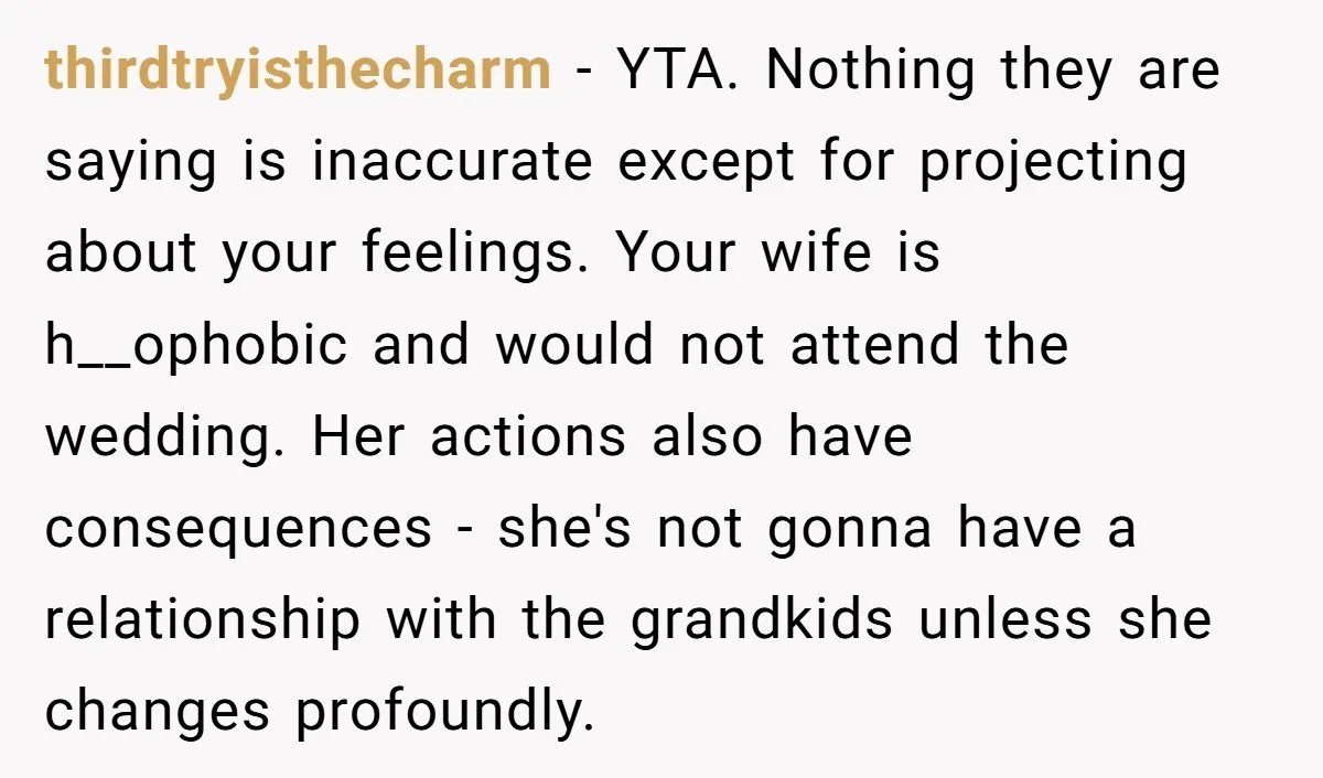 thirdtryisthecharm - YTA. Nothing they are saying is inaccurate except for projecting about your feelings. Your wife is h__ophobic and would not attend the wedding. Her actions also have consequences...
