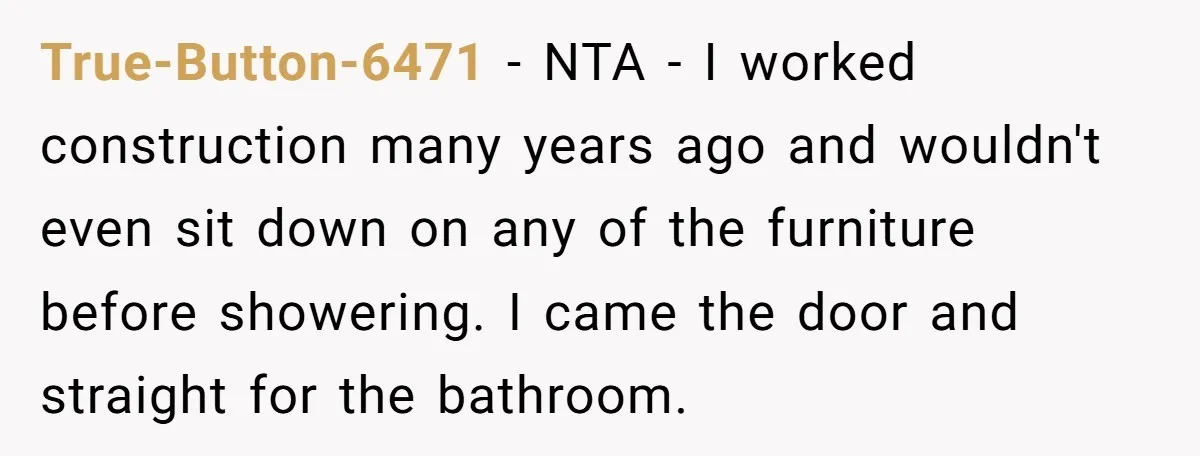 True-Button-6471 − NTA - I worked construction many years ago and wouldn't even sit down on any of the furniture before showering. I came the door and straight for the...