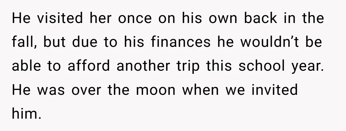 He visited her once on his own back in the fall, but due to his finances he wouldn’t be able to afford another trip this school year. He was over...