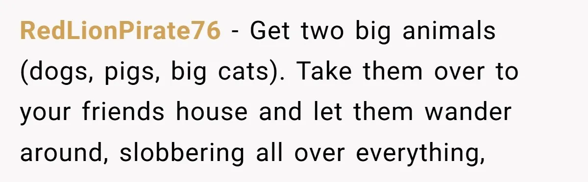 RedLionPirate76 - Get two big animals (dogs, pigs, big cats). Take them over to your friends house and let them wander around, slobbering all over everything,