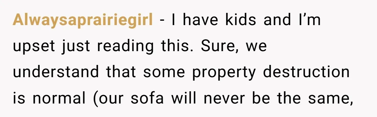 Alwaysaprairiegirl - I have kids and I’m upset just reading this. Sure, we understand that some property destruction is normal (our sofa will never be the same,