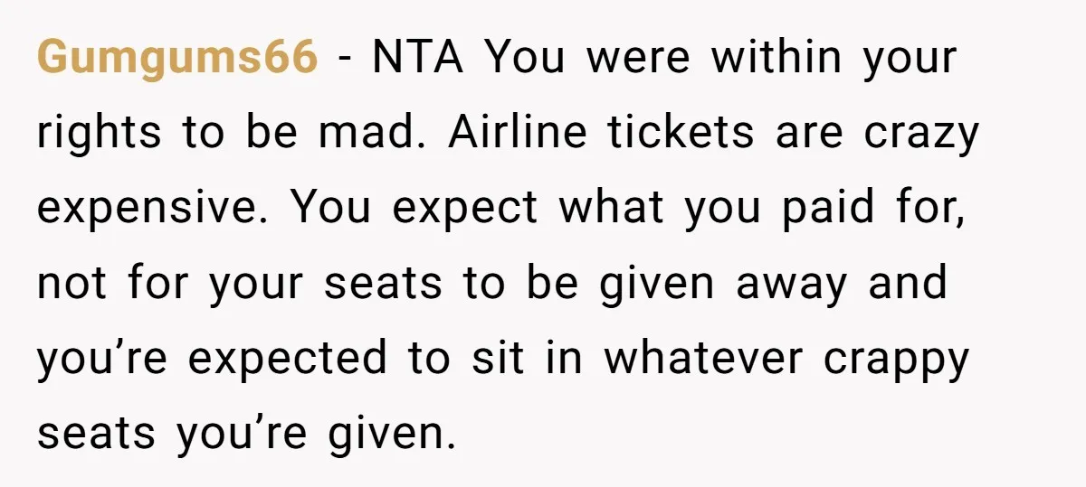 Gumgums66 − NTA You were within your rights to be mad. Airline tickets are crazy expensive. You expect what you paid for, not for your seats to be given away...