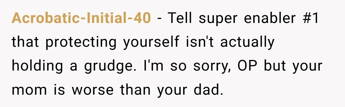 Acrobatic-Initial-40 − Tell super enabler #1 that protecting yourself isn't actually holding a grudge. I'm so sorry, OP but your mom is worse than your dad.