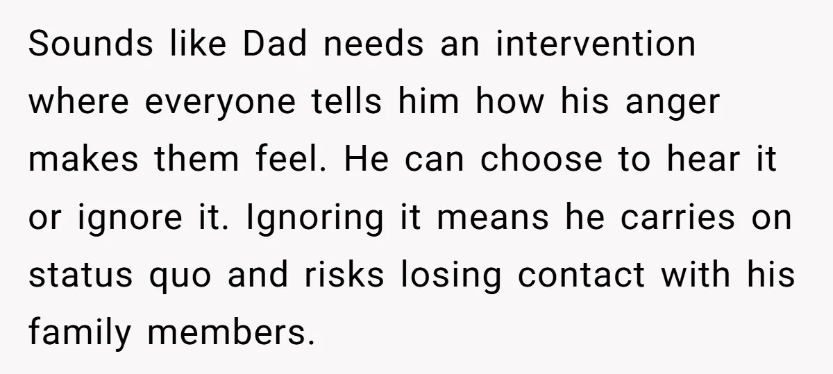 Sounds like Dad needs an intervention where everyone tells him how his anger makes them feel. He can choose to hear it or ignore it. Ignoring it means he carries...