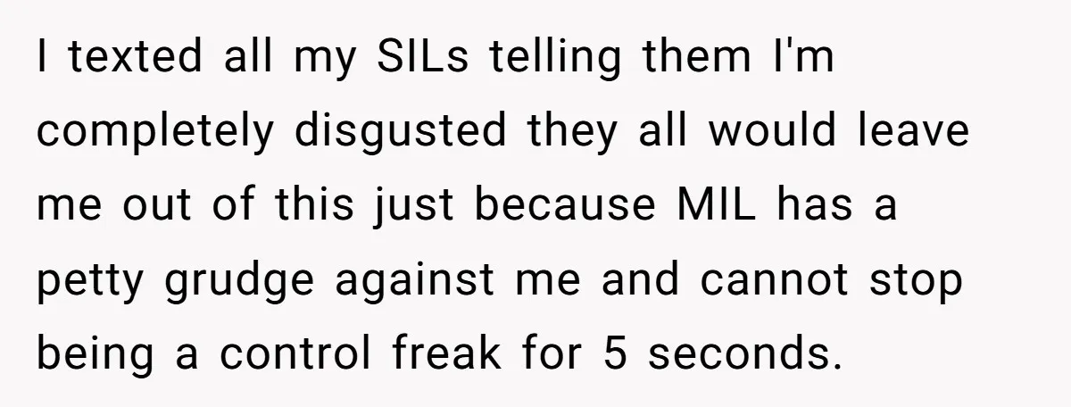 I texted all my SILs telling them I'm completely disgusted they all would leave me out of this just because MIL has a petty grudge against me and cannot stop...