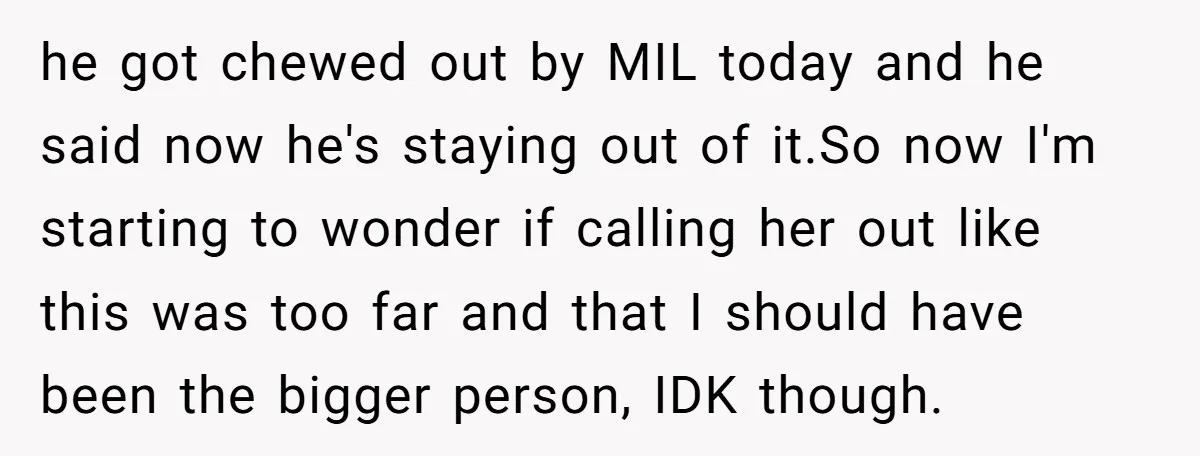 he got chewed out by MIL today and he said now he's staying out of it.So now I'm starting to wonder if calling her out like this was too far...