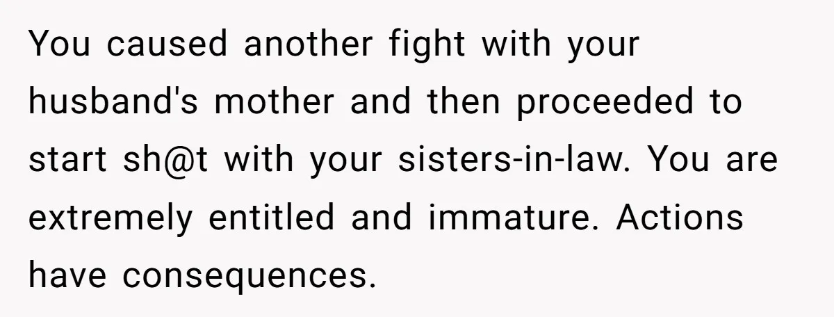 You caused another fight with your husband's mother and then proceeded to start sh@t with your sisters-in-law. You are extremely entitled and immature. Actions have consequences.