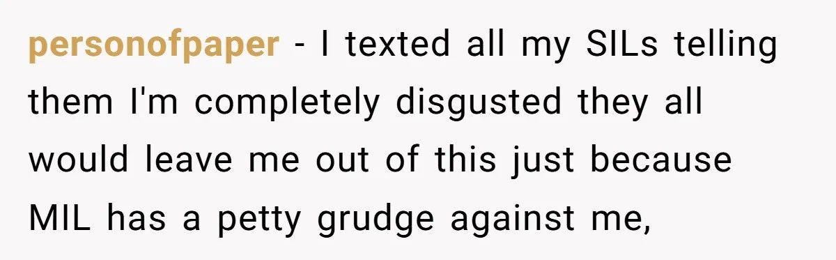 personofpaper − I texted all my SILs telling them I'm completely disgusted they all would leave me out of this just because MIL has a petty grudge against me,