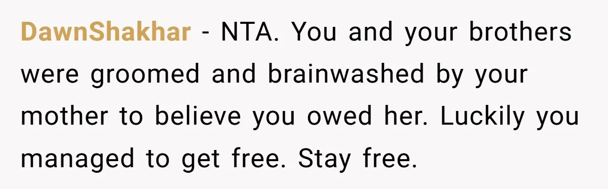 DawnShakhar - NTA. You and your brothers were groomed and brainwashed by your mother to believe you owed her. Luckily you managed to get free. Stay free.
