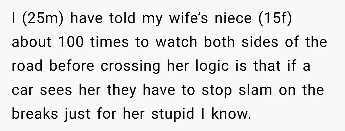 I (25m) have told my wife’s niece (15f) about 100 times to watch both sides of the road before crossing her logic is that if a car sees her they...