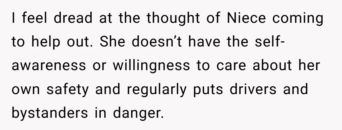 I feel dread at the thought of Niece coming to help out. She doesn’t have the self-awareness or willingness to care about her own safety and regularly puts drivers and...