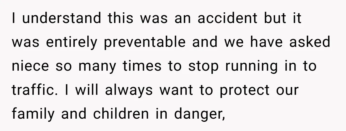 I understand this was an accident but it was entirely preventable and we have asked niece so many times to stop running in to traffic. I will always want to...