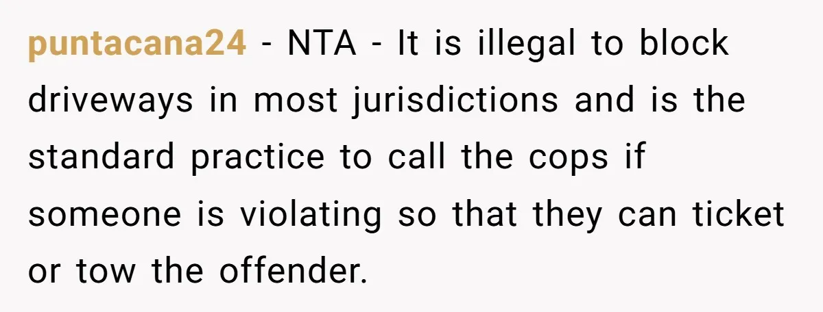 puntacana24 - NTA - It is illegal to block driveways in most jurisdictions and is the standard practice to call the cops if someone is violating so that they can...