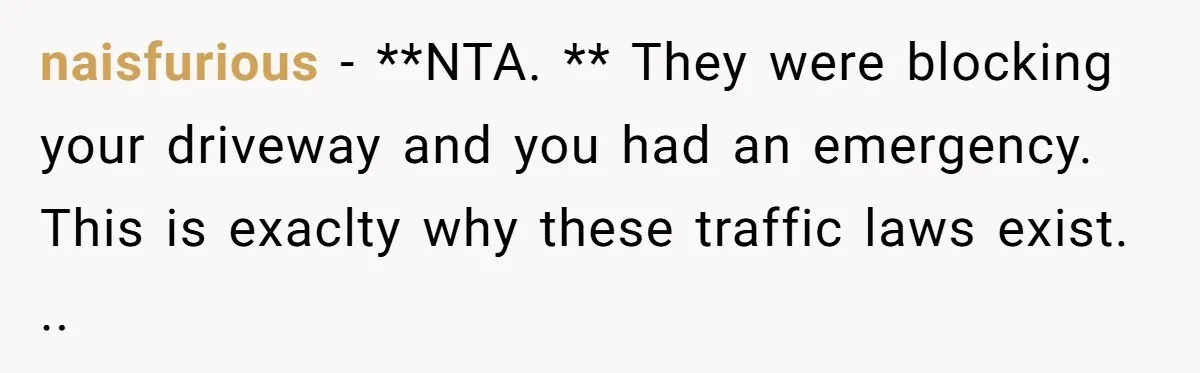 naisfurious - **NTA. ** They were blocking your driveway and you had an emergency. This is exaclty why these traffic laws exist. ..