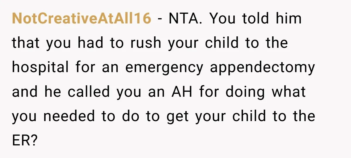 NotCreativeAtAll16 - NTA. You told him that you had to rush your child to the hospital for an emergency appendectomy and he called you an AH for doing what you...