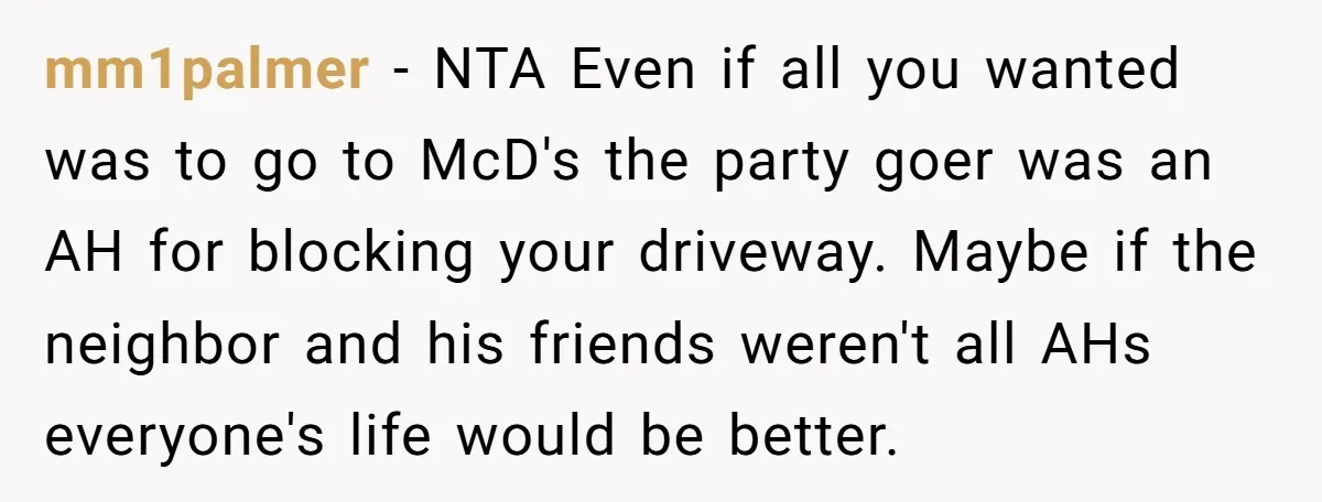 mm1palmer - NTA Even if all you wanted was to go to McD's the party goer was an AH for blocking your driveway. Maybe if the neighbor and his friends...