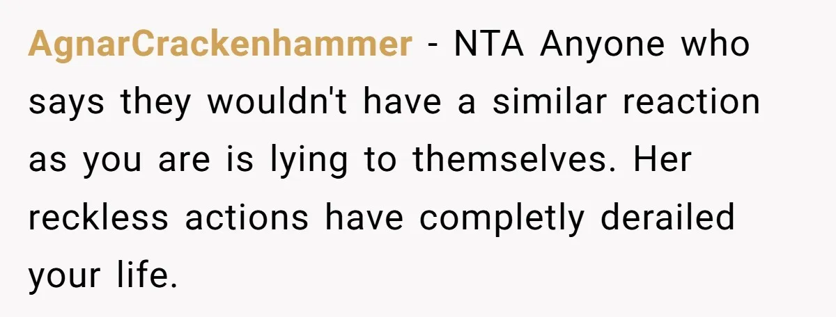 AgnarCrackenhammer − NTA Anyone who says they wouldn't have a similar reaction as you are is lying to themselves. Her reckless actions have completly derailed your life.